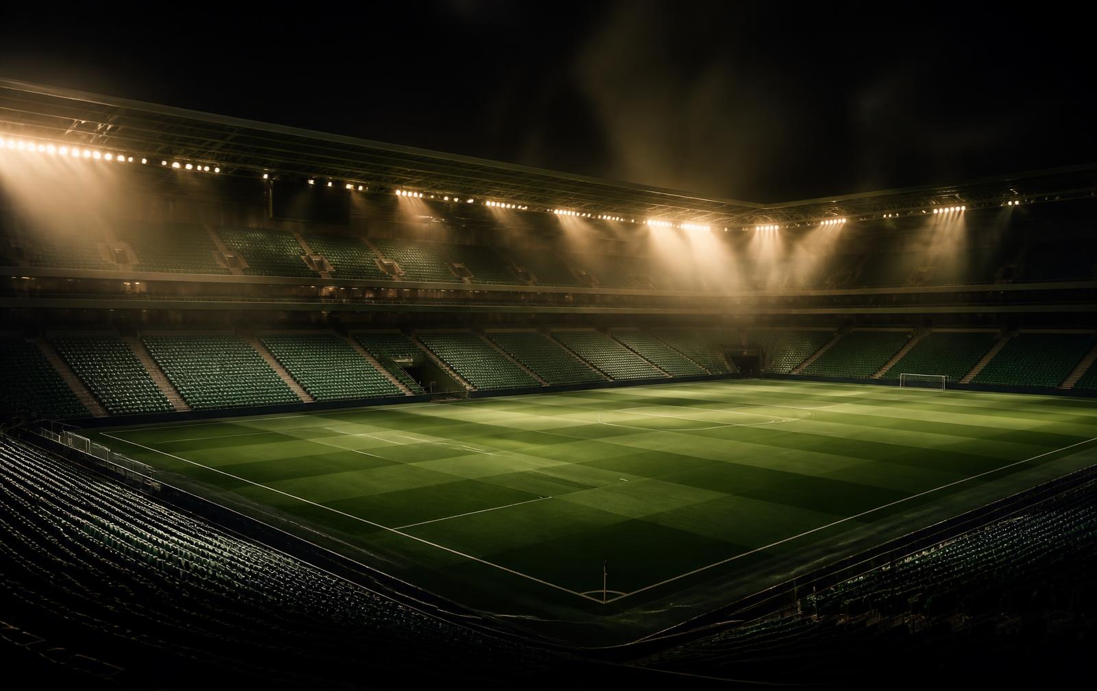 Empty floodlit football stadium at night