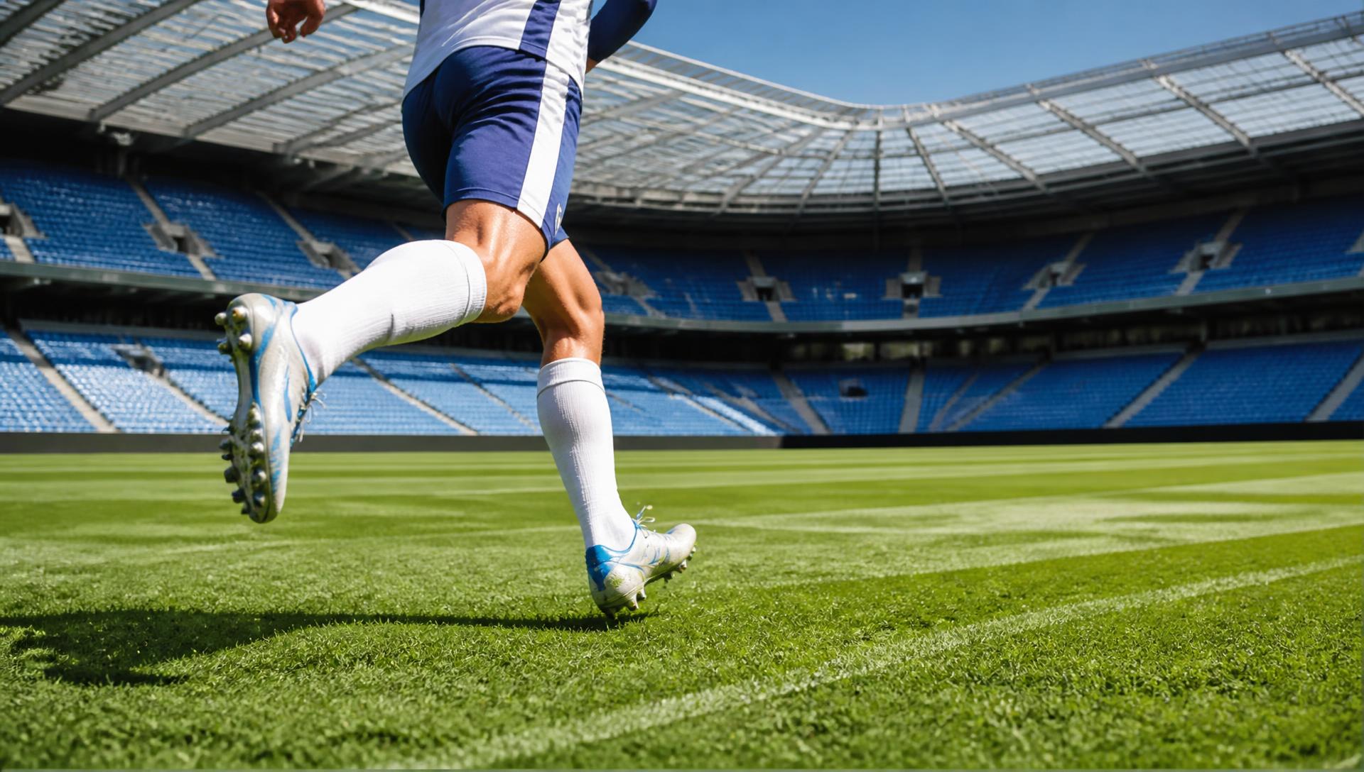 Professional footballer running on the natural grass pitch of a modern stadium in daylight
